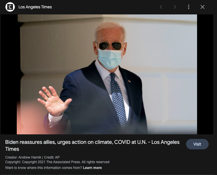 Google search result pairing a headline about reassuring allies with a photograph of the open palm gesture.
